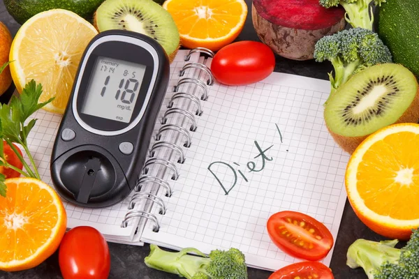 Glucometer Con Resultado Nivel Azúcar Frutas Frescas Con Verduras Bloc — Foto de Stock