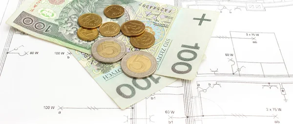 Elektrické Konstrukční Diagramy Domu Polská Měna Peníze Pojmu Domácí Náklady — Stock fotografie
