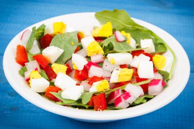 Taze ayni sebze ve mavi panoları, sağlıklı yaşam ve beslenme kavramı üzerinde cam kasede yumurta salatası