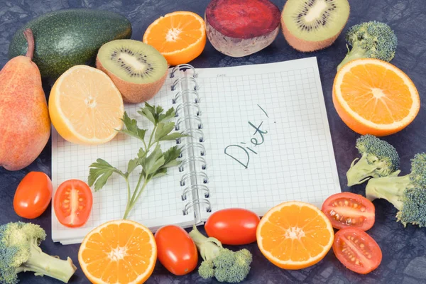 Natural Fruits Vegetables Source Vitamins Notepad Word Diet Concept Healthy — Stock Photo, Image