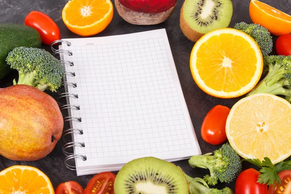 Notepad Ripe Fruits Vegetables Containing Natural Vitamins Minerals Slimming Diet — Stock Photo, Image