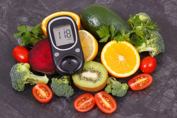 Mérés Eredményét Glükométer Cukor Szint Friss Gyümölcsök Zöldségek Cukorbetegség Tápláló — Stock Fotó
