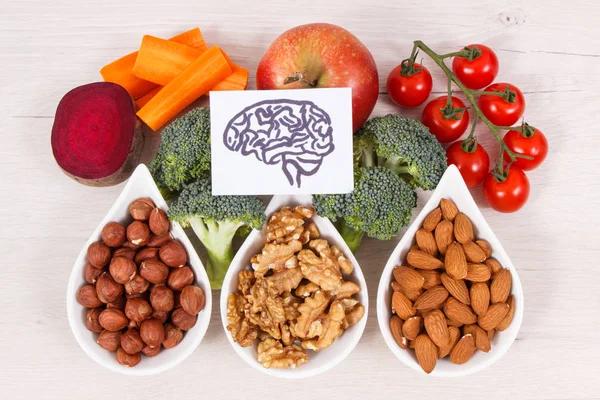 Drawing of brain and healthy food for power and good memory, nutritious eating containing natural vitamins and minerals