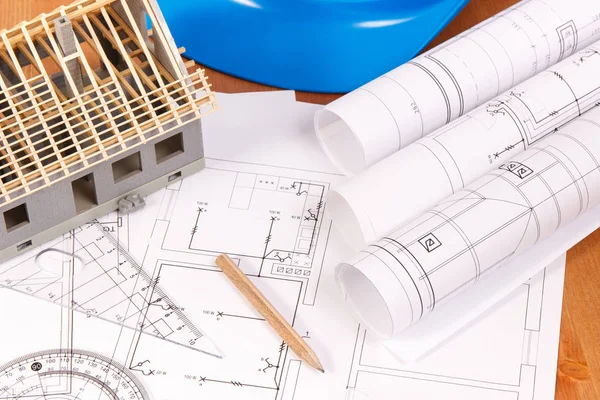 Electrical diagrams, accessories for engineer jobs and house under construction, building home concept