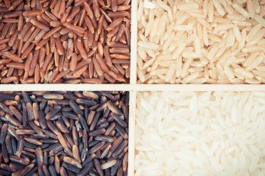 Yığın beyaz, kahverengi, kırmızı ve siyah pirinç, sağlıklı beslenme kavramı