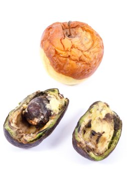 Eski apple ve avokado kalıp beyaz arka planda, sağlıksız ve iğrenç gıda ile