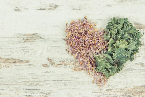 Kale segar tumbuh dengan daun sayuran dalam bentuk hati. Makanan yang mengandung vitamin dan mineral alami yang sehat, tempat untuk prasasti — Stok Foto