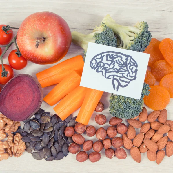 Disegno di cervello e cibo sano per potere e buona memoria, nutriente mangiare contenente minerali naturali — Foto Stock