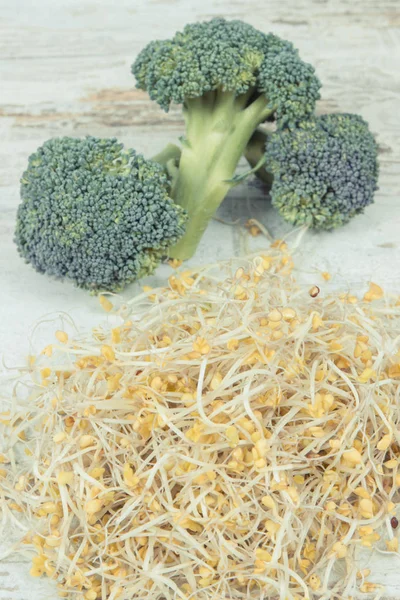 Sprouted broccoli seeds and fresh vegetable. Healthy lifestyle and nutrition