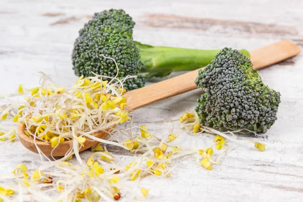 Broccoli sprouts and fresh vegetable containing natural vitamins and minerals. Healthy lifestyles and nutrition — Stock Photo, Image