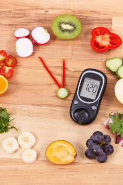 23 saat 55 dakika süre gösteren meyve ve sebzeden yapılmış saat ile Glucometer, yeni yıl kararları kavramı