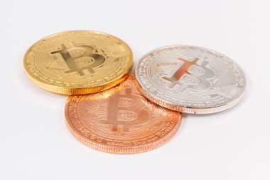 Bitcoin, cryptocurrency coins on white background, modern finance concept