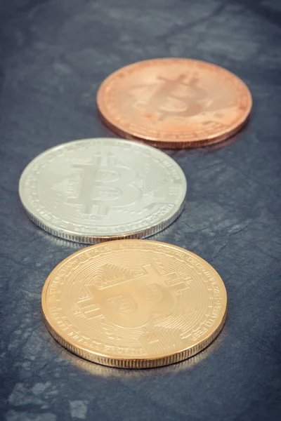 Bitcoin coins as symbol of cryptocurrency, modern finance concept — Stock Photo, Image