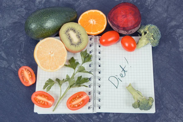 Natural fruits with vegetables as source vitamins and notepad with word diet, healthy nutrition concept — Stock Photo, Image