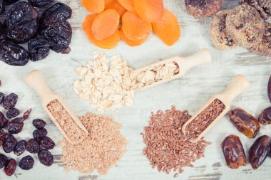 Vintage Fotoğraf, doğal mineraller, vitaminler ve diyet lifi, sağlıklı yaşam ve beslenme kavramı içeren maddeler