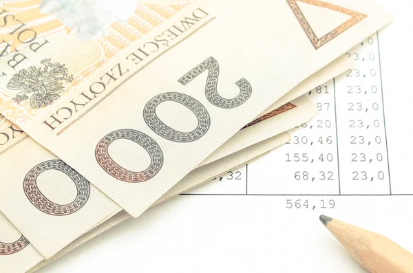 Polieren Sie Währungsgeld und Bleistift auf Tabellenkalkulation. Geschäftskonzept — Stockfoto
