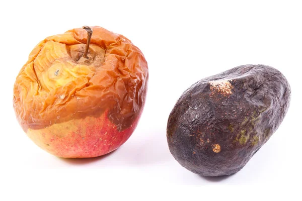 Old moldy apple and avocado on white background, unhealthy and disgusting fruit — Stock Photo, Image