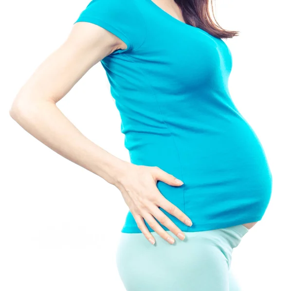 Zwangere vrouw met handen op haar rug, zwangerschap gezondheidszorg en rug pijn — Stockfoto