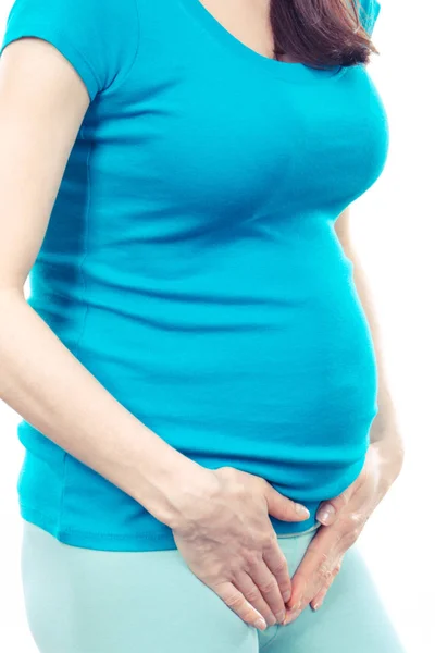 Kezével a gyomor, a terhesség egészségügyi ellátás és a hólyag fájdalom a terhes nő — Stock Fotó