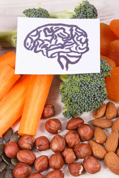Θρεπτικό φαγητό ως πηγή βιταμινών και ανόργανων συστατικών, υγιεινή τροφίμων για εγκεφάλου υγεία έννοια — Φωτογραφία Αρχείου