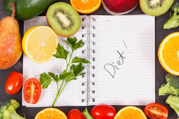 Word diet written in notepad and fresh fruits with vegetables, healthy lifestyles concept — Stock Photo, Image