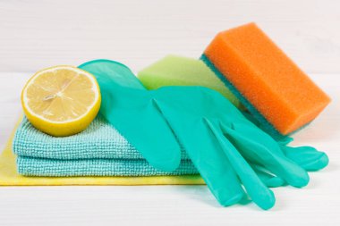 Lemon as environmentally friendly detergents and accessories for cleaning home, household duties concept clipart