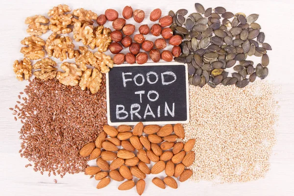 Inscription food to brain with healthy eating as source vitamin and minerals, food for good memory concept