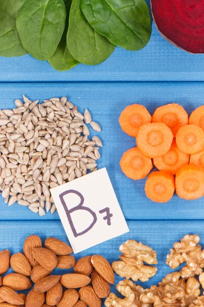Diferite ingrediente nutritive care conțin vitamina B7, minerale naturale și fibre, nutriție sănătoasă — Fotografie, imagine de stoc