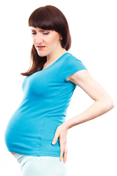 Terhes nő kezével a hátán, a terhesség egészségügyi ellátás és vissza fáj — Stock Fotó
