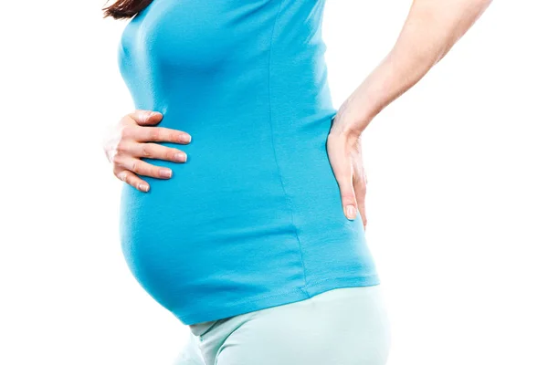Těhotná žena s bolestí břicha nebo zad, zdravotní péči a bolesti v těhotenství, riziko potratu — Stock fotografie