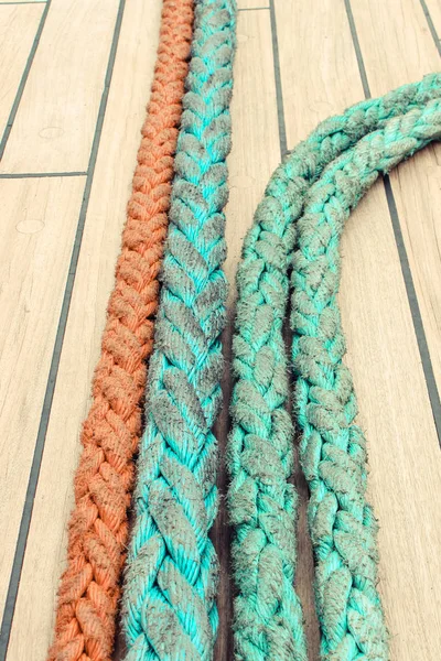 Colorful thick ropes on sailboat. Part of yacht concept — Stock Photo, Image