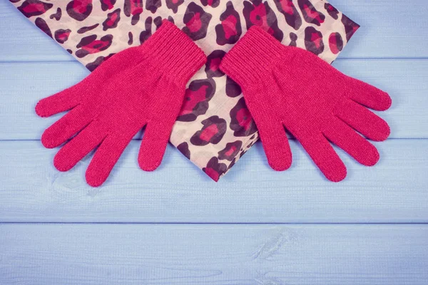 Woolen gloves and shawl for woman on boards, clothing for autumn or winter — Stock Photo, Image