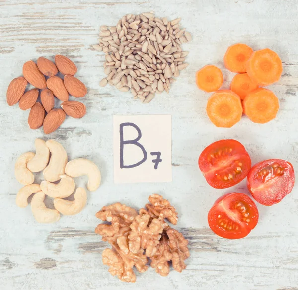 Nutritious different ingredients containing vitamin B7, natural minerals and fiber, healthy nutrition — Stock Photo, Image