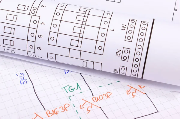 Rolls of electrical diagrams and concstruction drawings — Stock Photo, Image