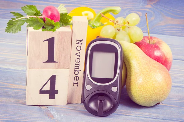 Datum 14 november, glucose meter voor het controleren van suikerniveau en fruit met groenten, wereld diabetes dag en bestrijding van de ziekte — Stockfoto