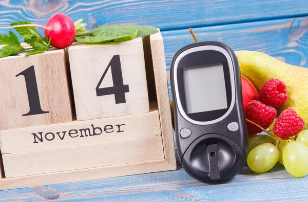 Datum 14. November, Glukometer zur Kontrolle von Zuckergehalt und Obst mit Gemüse, Welt-Diabetes-Tag und Krankheitsbekämpfungskonzept — Stockfoto