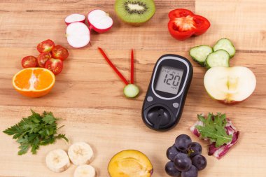 23 saat 55 dakika süre gösteren meyve ve sebzeden yapılmış saat ile Glucometer, yeni yıl kararları kavramı