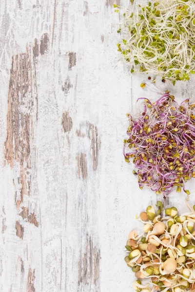 Fresh healthy sprouts on rustic board. Food containing natural vitamins and minerals, place for inscription — Stock Photo, Image