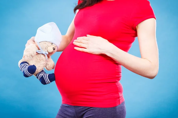 Een zwangere vrouw met een teddybeer in haar buik. Verwacht voor pasgeborenen — Stockfoto