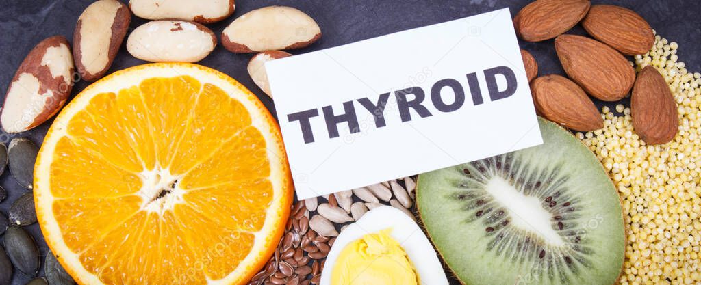 Fresh nutritious ingredients, fruits and vegetables for healthy thyroid. Food as source natural vitamins and minerals