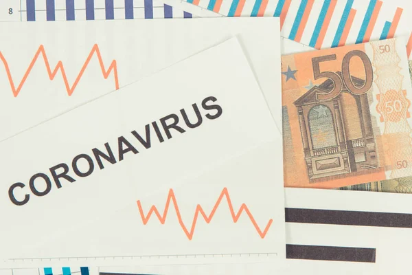 Inscrição Coronavírus Moedas Euro Gráfico Declínio Como Risco Crise Financeira — Fotografia de Stock