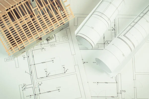 Pequeña Casa Construcción Rollos Eléctricos Diagramas Dibujos Para Proyecto Concepto — Foto de Stock