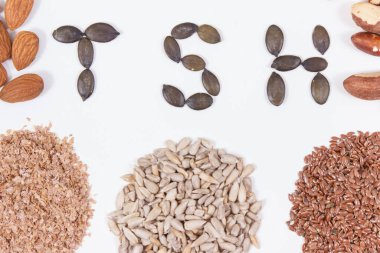 TSH yazıtında sağlıklı tiroid için vitamin ve mineral içeren besleyici doğal ürünler ve malzemeler var. Beyaz arkaplan