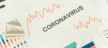 Yazıt Coronavirus, para birimleri dolar ve Covid-19 'un neden olduğu finansal krizi temsil eden grafikler. Dünya çapında küresel durgunluk riski