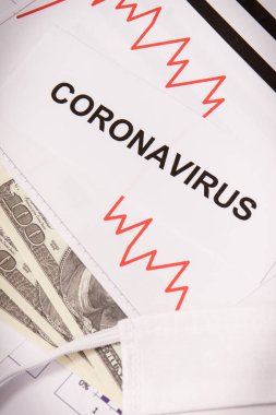 Yazıt Coronavirus, para birimleri dolar ve Covid-19 'un neden olduğu finansal krizi temsil eden grafikler. Dünya çapında küresel durgunluk riski