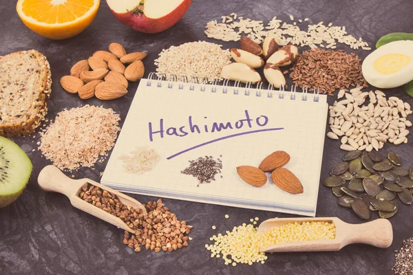 Nutritious Ingredients Inscription Hashimoto Written Notepad Healthy Food Containing Vitamins — Stock Photo, Image