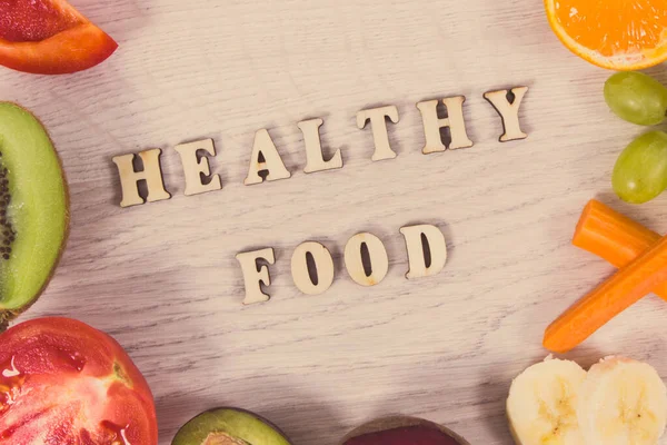 Inscrição Alimentos Saudáveis Frutas Legumes Nutritivos Frescos Como Fonte Vitaminas — Fotografia de Stock