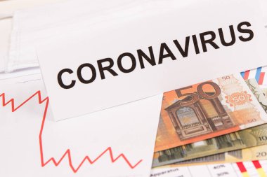 Yazı tipi koronavirüs, avro para birimleri ve azalan tablolar, virüsün neden olduğu küresel mali kriz riski olarak gösteriliyor. Covid 19