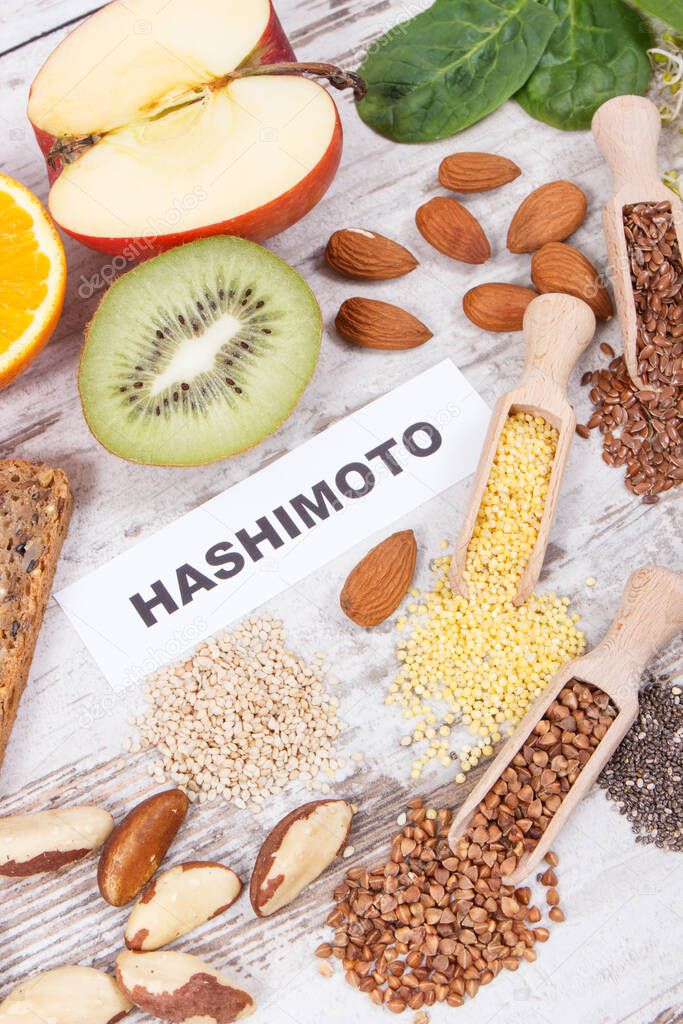 Nutritious healthy ingredients or products with inscription hashimoto. Problems with thyroid concept