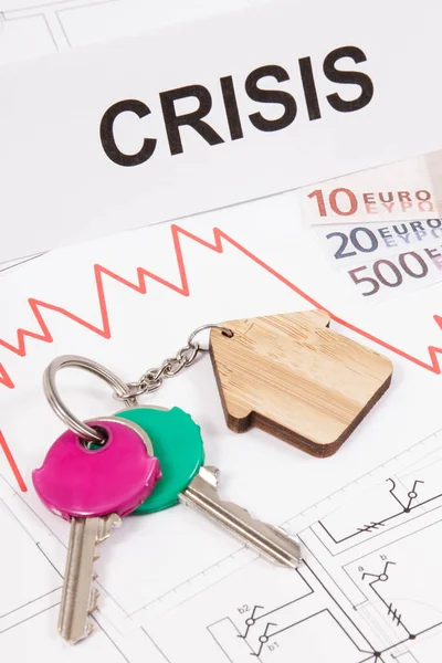Chaves Casa Crise Inscrição Moedas Euro Gráficos Para Baixo Representando — Fotografia de Stock